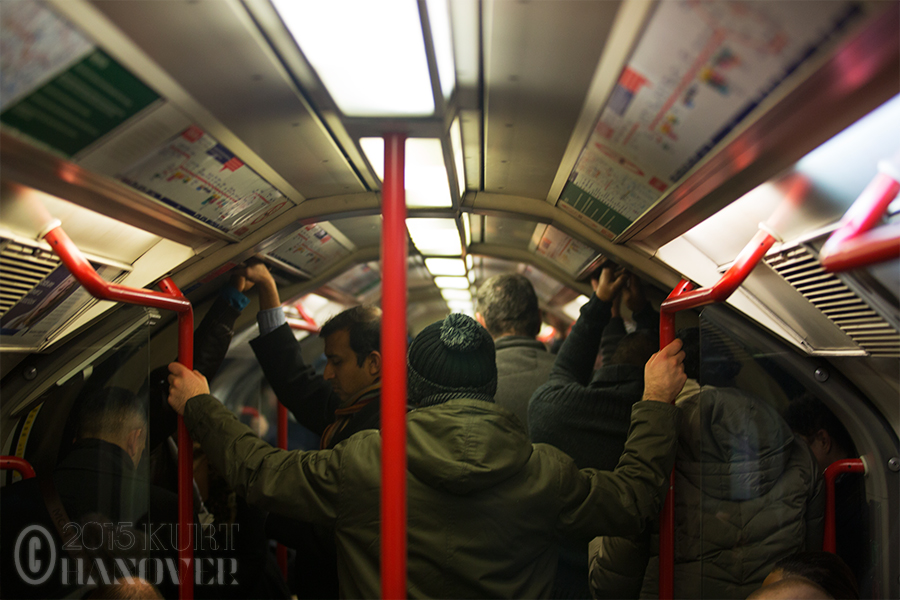 Rush hour on a train in the London Underground.